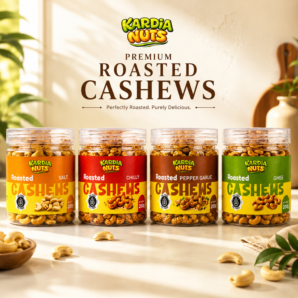 Kardia Nuts 4-in-1 Premium Flavoured Cashew Combo Pack (800g - 4 x 200g PET Bottles) | Ghee Roast, Chilli 
Roast, Pepper Garlic & Roasted Salted Cashews