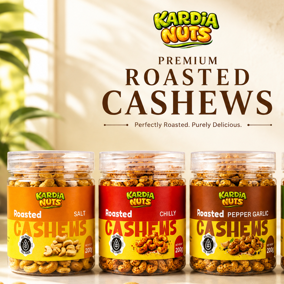 Kardia Nuts 3-in-1 Premium Flavoured Cashew Combo Pack (600g - 3 x 200g PET Bottles) | Chilli Roasted, Pepper Garlic & Roasted Salted Cashews