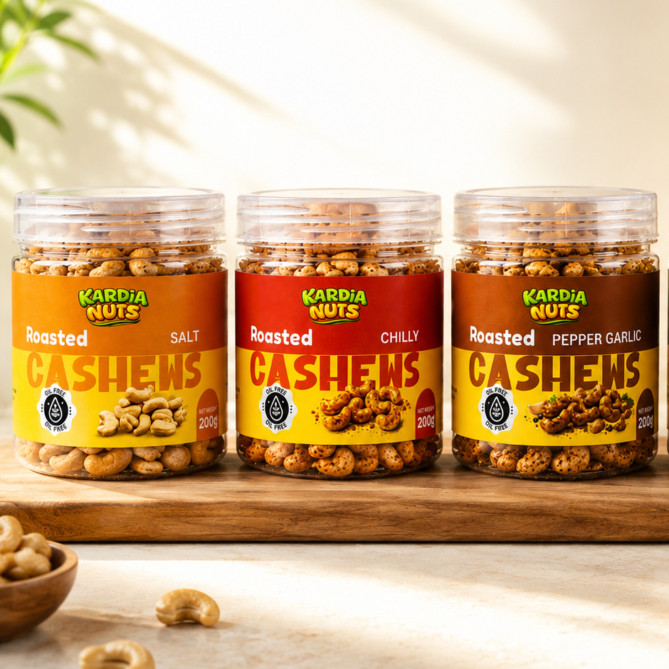 Kardia Nuts 3-in-1 Premium Flavoured Cashew Combo Pack (600g - 3 x 200g PET Bottles) | Chilli Roasted, Pepper Garlic & Roasted Salted Cashews
