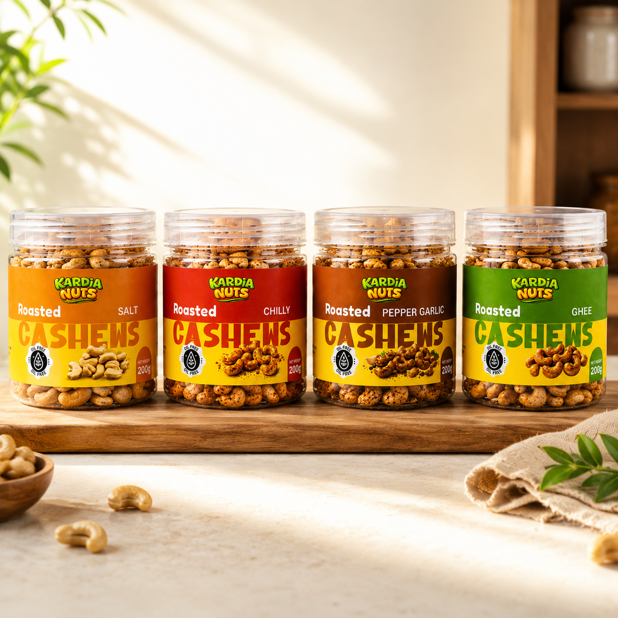 Kardia Nuts 4-in-1 Premium Flavoured Cashew Combo Pack (800g - 4 x 200g PET Bottles) | Ghee Roast, Chilli 
Roast, Pepper Garlic & Roasted Salted Cashews