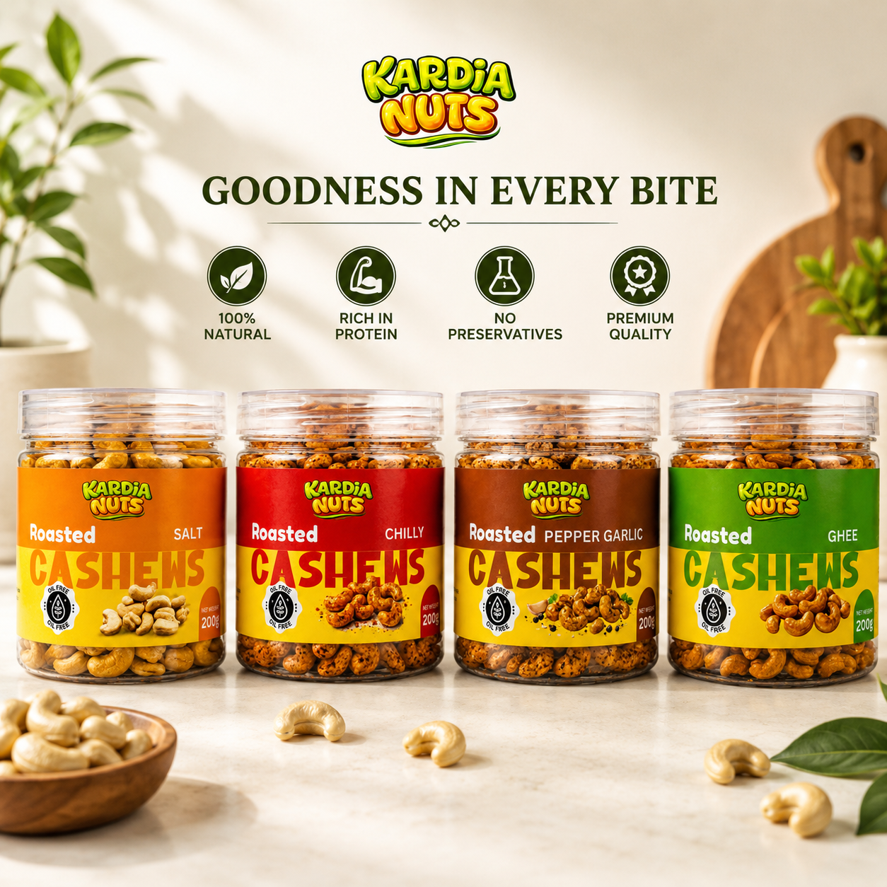 Kardia Nuts 4-in-1 Premium Flavoured Cashew Combo Pack (800g - 4 x 200g PET Bottles) | Ghee Roast, Chilli 
Roast, Pepper Garlic & Roasted Salted Cashews